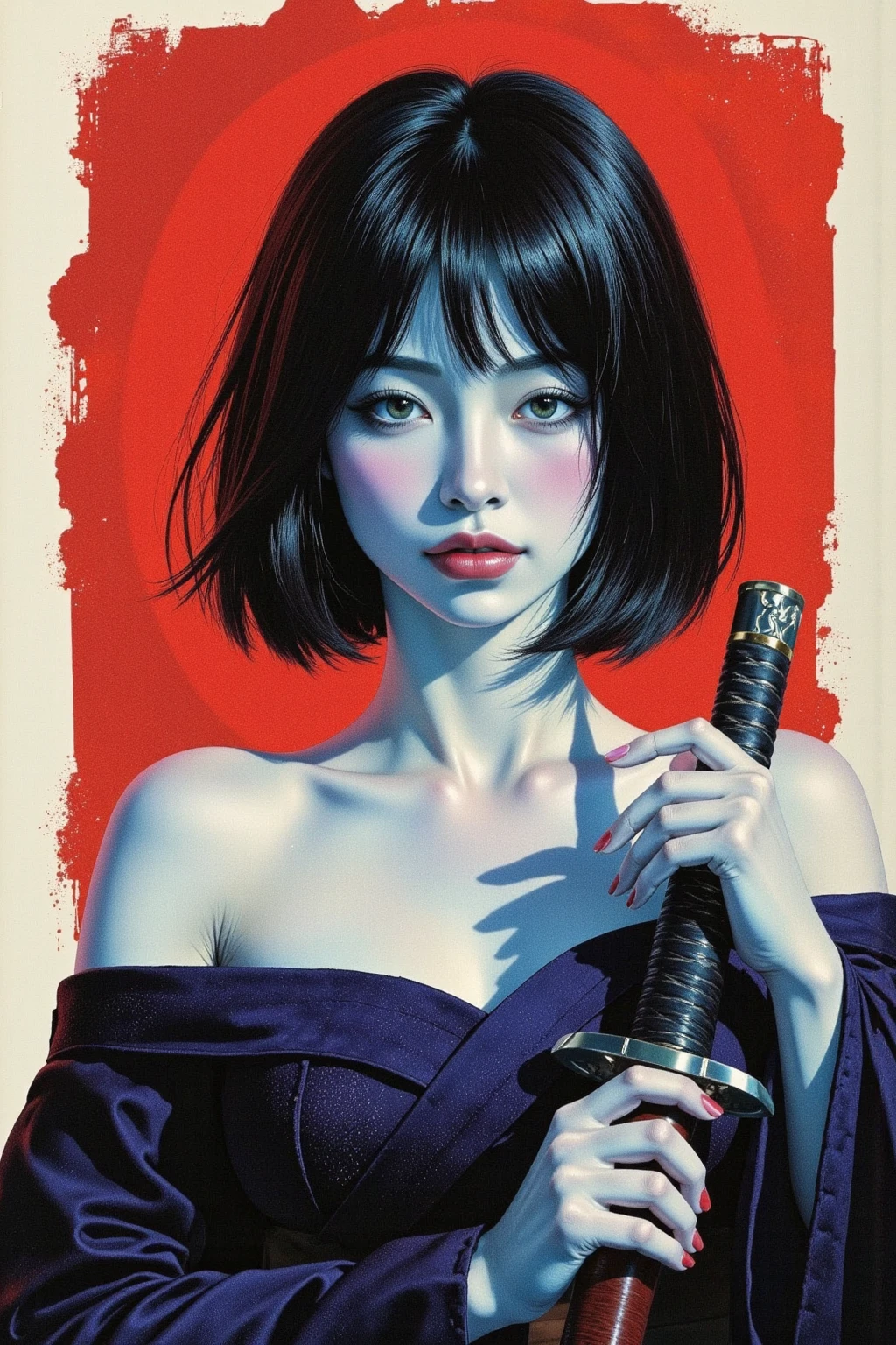 A female warrior, seductive, direct gaze, short black hair, pale skin, kimono, off shoulder, both hands on the hilt of a katana, red light illuminating one side of face, female black and blue tones, bright red, red brush strokes sky, red brush strokes background, moody, ink art piece, dark, dynamic angle, poster, minimalistic, drkfnts style