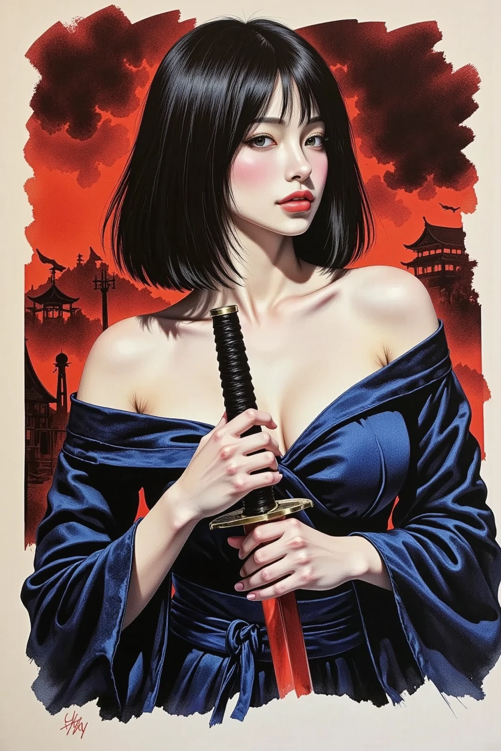 A female warrior, seductive, direct gaze, short black hair, pale skin, kimono, off shoulder, both hands on the hilt of a katana, red light illuminating one side of face, female black and blue tones, bright red, red brush strokes sky, red brush strokes background, moody, ink art piece, dark, dynamic angle, poster, minimalistic, drkfnts style