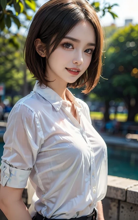 Ultra-high resolution, Superior Quality, Highest quality, Super detailed, Realistic, 8K, RAW Photos, Highest quality, masterpiece, Attractive young girl, Angelic Girl, Brown Hair, short hair, Mesh Hair, Glossy Lips, Natural Makeup, Japanese Idols, Sophisticated, stylish, Model pose, satin silk white shirt, 
