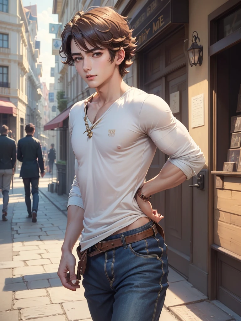 Male, tan skin, freckles, brown eyes, short, abs, brown curly hair, black jeans, curved waist, slim physique, blue and white shirt, brackets and necklaces, posing on the floor, cute