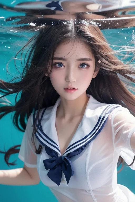 ( see-through:1.3),White sailor suit, sailor dress ,  White Theme , school uniform,  sailor suit ,  stare at viewers,  Madness,  long disheveled hair ,   beautiful eyes in every detail  ,Hair shines,Dramatic angle, blue sailor color ,  Plump Boobs , ogipote, Partially taken underwater ...