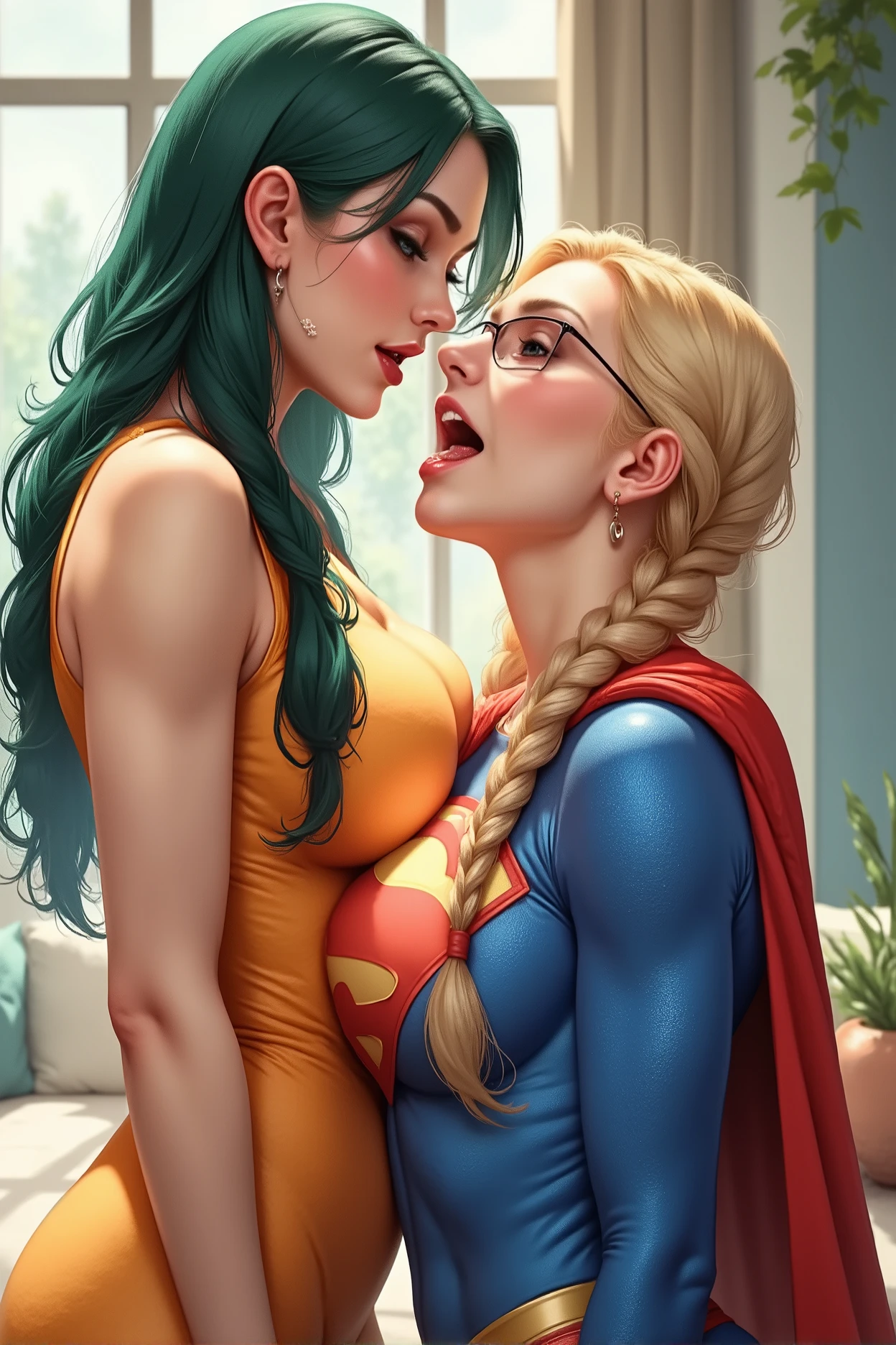 PHOTO REALISTIC. A TALL 7 FOOT FEMALE WITH LONG STRAIGHT GREEN HAIR AND GREEN EYES, WEARING A ORANGE DRESS PASSIONATELY KISSING A SHORTER FEMALE WITH BLONDE HAIR IN A FULL BRAIDS, BLUE EYES, GLASSES, WEARING A BLUE CORDUROY FABRIC SUPERMAN SUIT AND A RED SUPERMAN CAPE. (FOREPLAY NIPPLE SQUEEZE AND BREAST SQUEEZING). LOTS OF SALIVA DRIPPING ON BOTH OF THIER LIPS. CRYSTAL CLEAR IMAGE, 4K HIGH RES, PROFESSIONAL DETAILS AND TEXTURES. highly detailed nipples, photorealistic, 8k, cinematic lighting, intricate details, beautiful detailed eyes, beautiful detailed lips, extremely detailed face, long eyelashes,