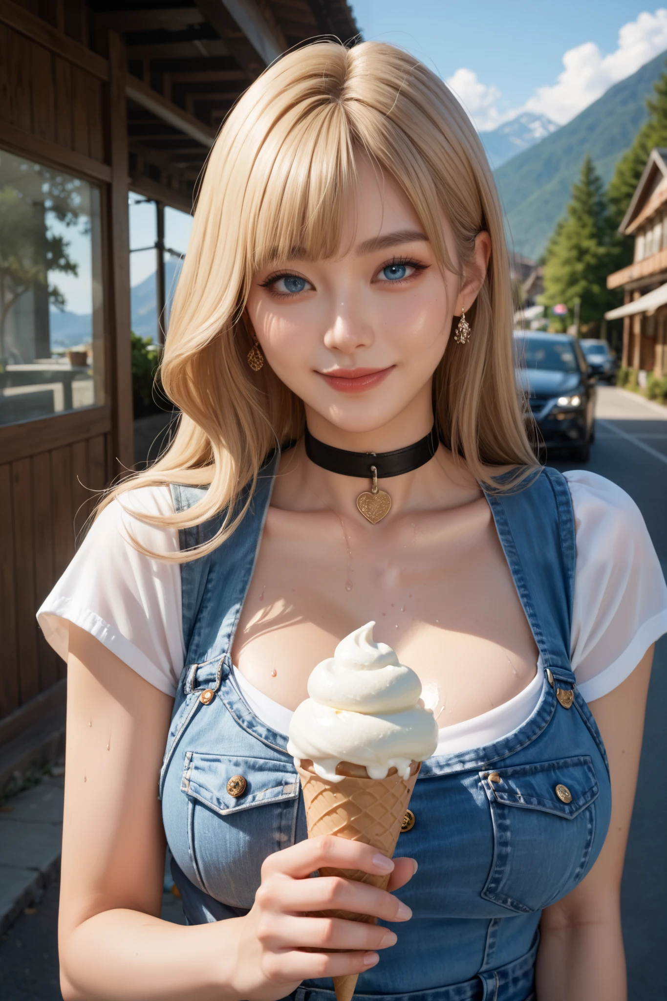 Big breasted girl eating ice cream