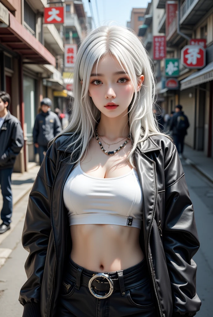 ((top-quality、8K、masterpiece:1.3))、Silver hair long、耳Nipple Ring、a necklace、White tight shirt、belly button piercing、very short black skirt、The tattoo、Street background