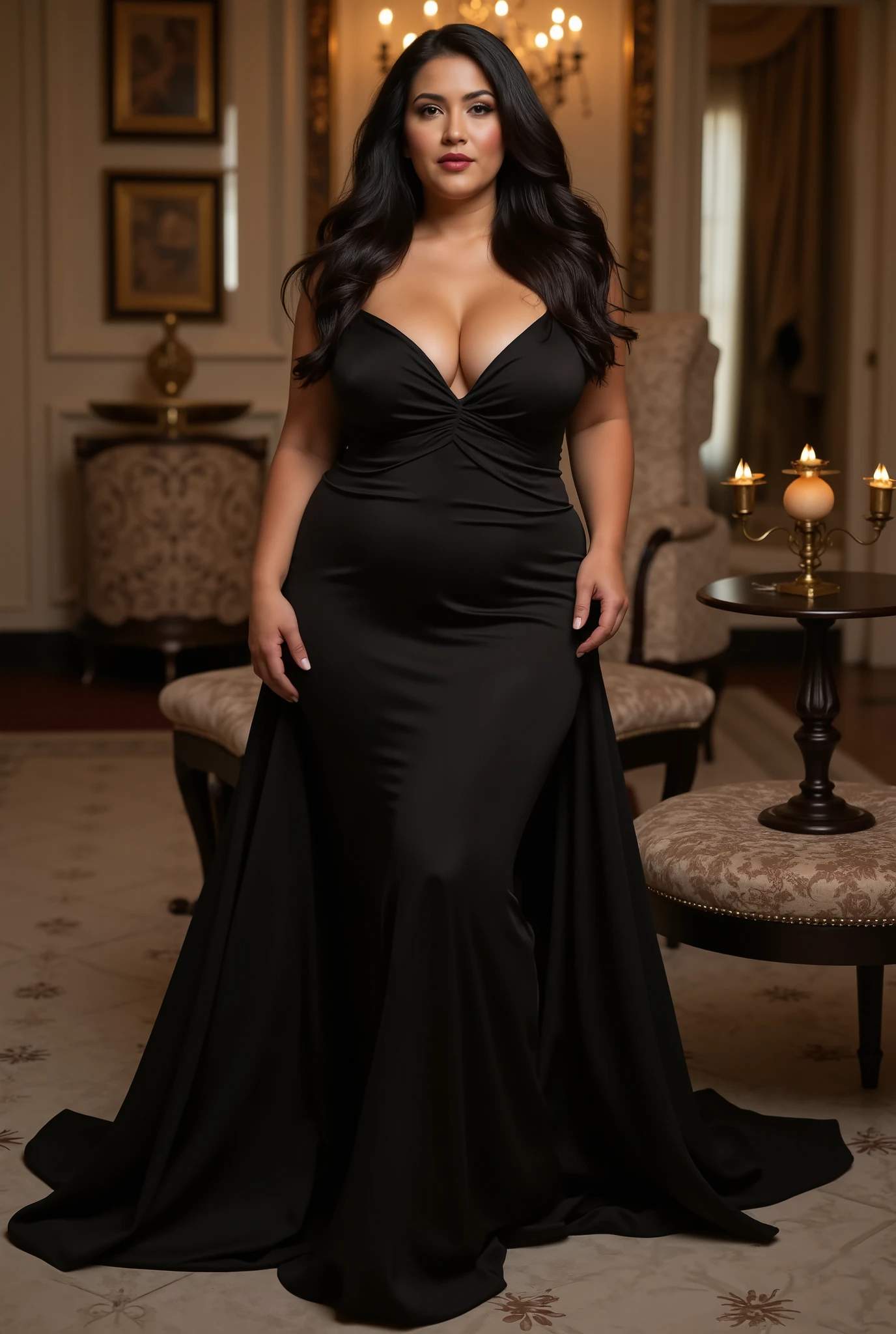 woman with brown hair, greeneyes, Waist slender, Bust Big, thick-thighs, big ass and angelic appearance, with long black dress