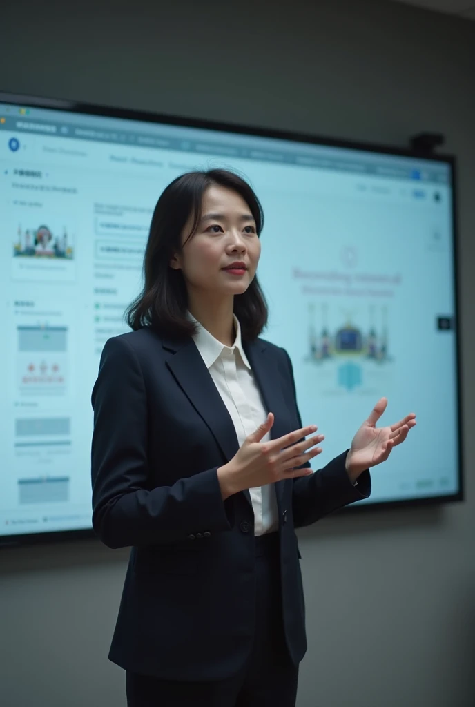 Fat thai woman with round face, 80kg weight, wearing polo grey tshirt, black pant, giving presentation in meeting, behind projector screen, graph showing on the screen, realistic, 8k