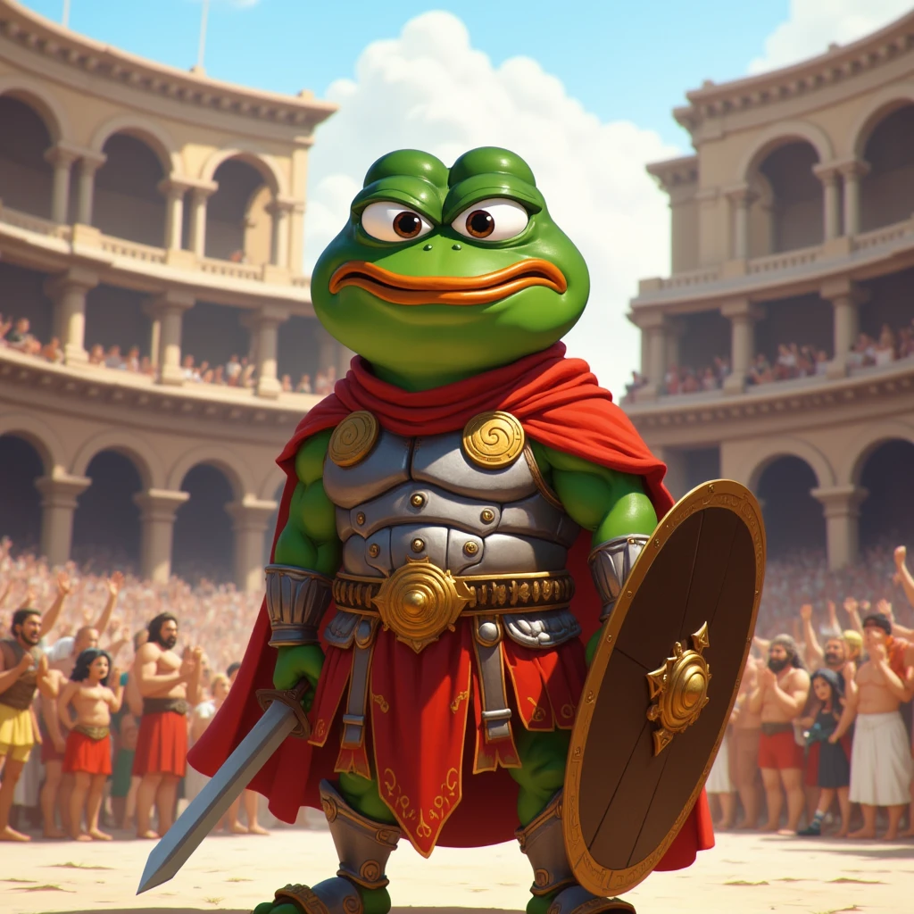 Create an anime-style image of Pepito Maximus, the brave frog gladiator. Imagine him standing proudly in an ancient Roman Colosseum, wearing traditional gladiator armor. He should have a determined and heroic expression on his face, with a sword in one hand and a shield in the other. The background should depict an epic battle scene with an audience cheering him on. Capture the essence of a humble yet mighty warrior ready to fight for the meme community that is good and righteous. Solo, Accurate, Award Winning, Super Detailed, UHD, Best Quality, Depth Of Field, 