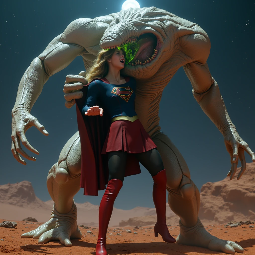 Supergirl is fighting with a big alien monster, very bright white skin, can see whole body, She is wearing a thin black pantyhose, short red leather fabric skirt, red knee height long boots, blonde hair, lighting green collar on her neck, She is screaming in pain, seriously injured, painful, a huge body fierce Alien Monster hold and carry Supergirl body, the Alien Monster seize her body tightly and bite her neck, photorealistic, hyper realistic, night time on the Mar with moon lighting,