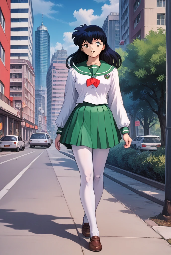 masterpiece, ( better quality), 1 girl, Kagome Higurashi,  full body,  photorealistic , ( hyperrealistic:1.2),  perfect eyes, Perfect face,  Perfect lighting, ojos marrones, senos grandes, outdoor , city,   school uniform,  green skirt ,  white tights , happy, walking, smile, sonrojada, 