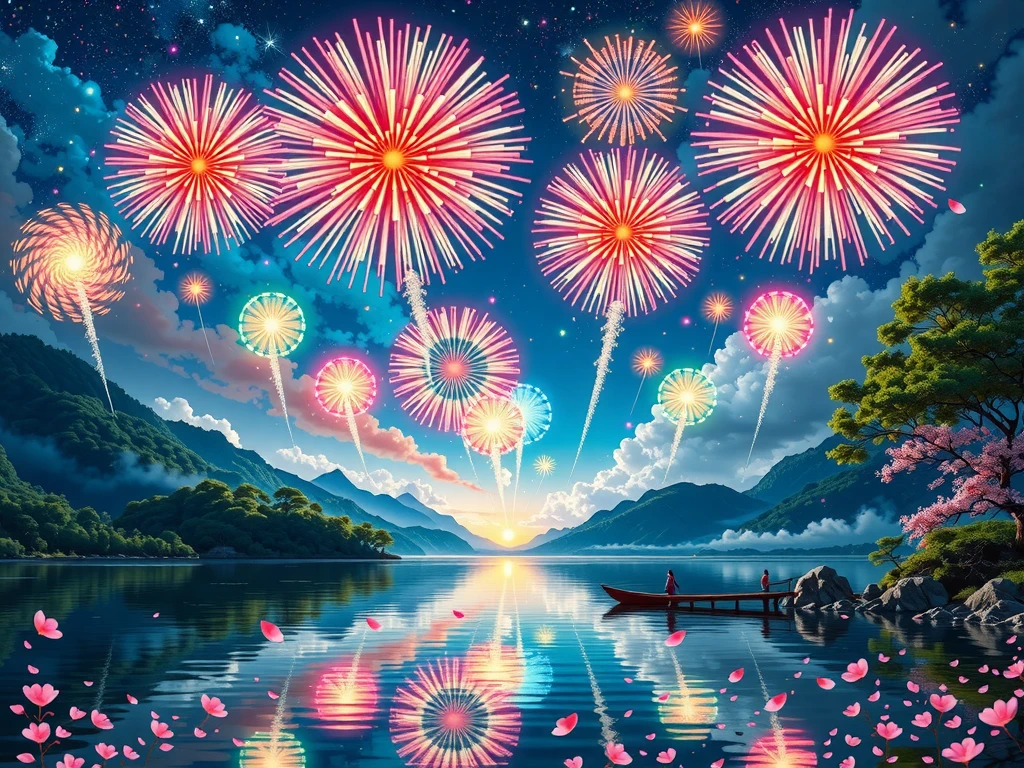 At the lake、Generate images of fireworks in Japan。