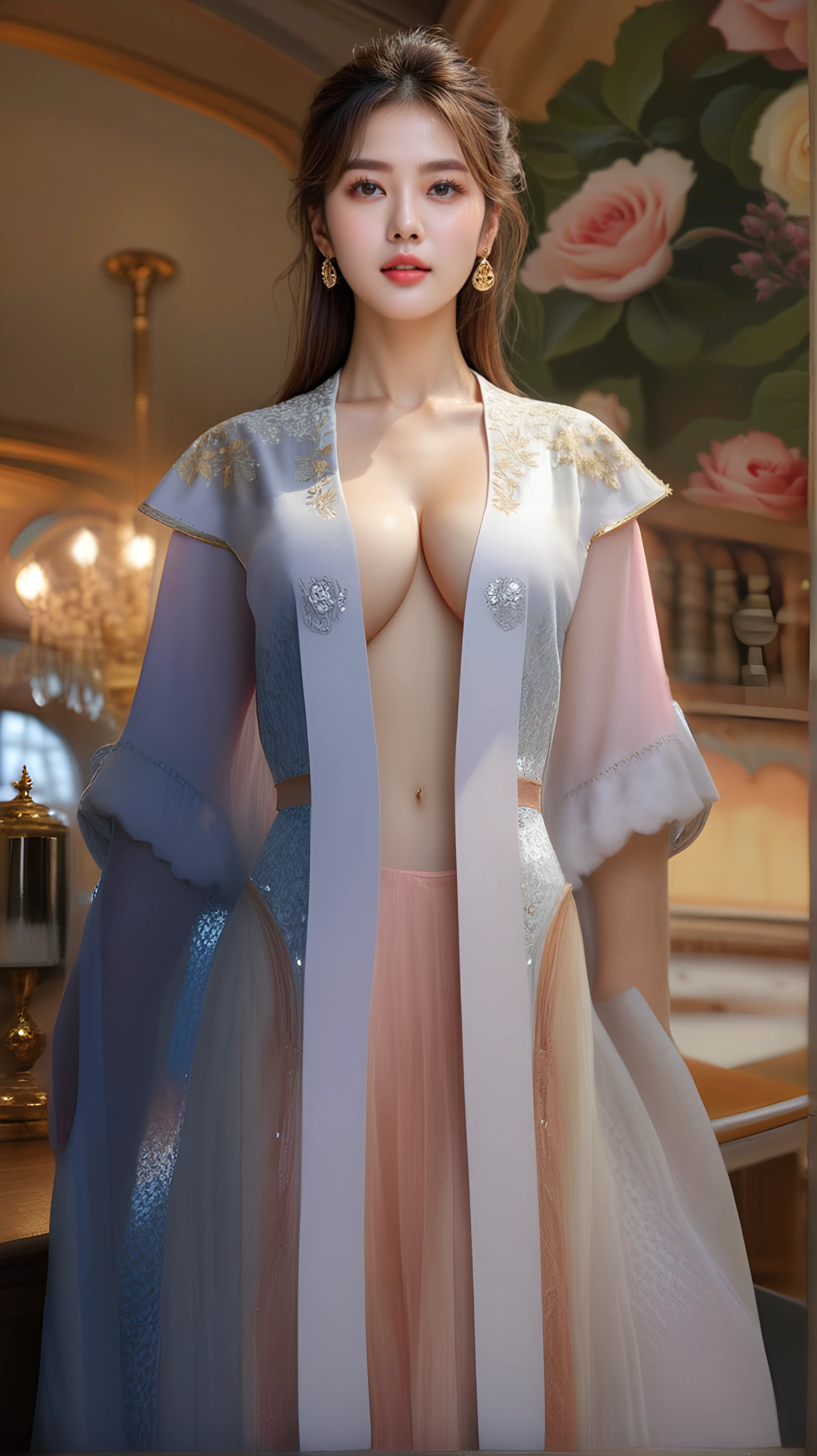 (hyperrealistic), (illustration), (high resolution), (8K), (extremely detailed), (best illustration), (beautiful detailed eyes), (best quality), (ultra-detailed), (masterpiece), (wallpaper), (photorealistic), (natural light), (rim lighting), (detailed face), (high detailed realistic skin texture), (anatomically correct), (solo), (1 girl), (high detailed realistic hair), (caramel hair:1.35), (heterochromic eyes), (detailed eyes), (light brown eyes:1.37), (sparkling eyes), (realistic big breasts:1.5), (exposed nipples breasts:1.35), (long legs), (slender abs), (dynamic pose), (closed tiny mouth:1.3), nsfw, concentrated expression.