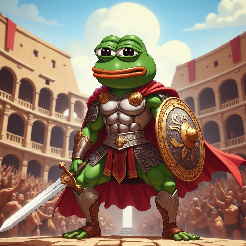 Create an anime-style meme image of Pepito Maximus, the brave frog gladiator. Imagine him standing proudly in an ancient Roman Colosseum, wearing traditional gladiator armor. He should have a determined and heroic expression on his face, with a sword in one hand and a shield in the other. The background should depict an epic battle scene with an audience cheering him on. Capture the essence of a humble yet mighty warrior ready to fight for the meme community that is good and righteous. Solo, Accurate, Award Winning, Super Detailed, UHD, Best Quality, Depth Of Field, 