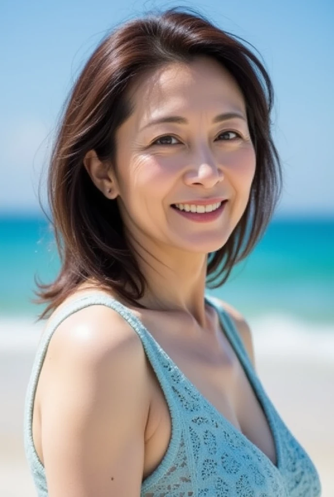 Best image quality、Highest quality、Highest Resolution、masterpiece、detailed、Actual Photos）,((Beautiful and  Japanese 65 year old))、Attractive woman with messy wavy hair and bold red lips, Calm, Ocean Blue Background.black eye
