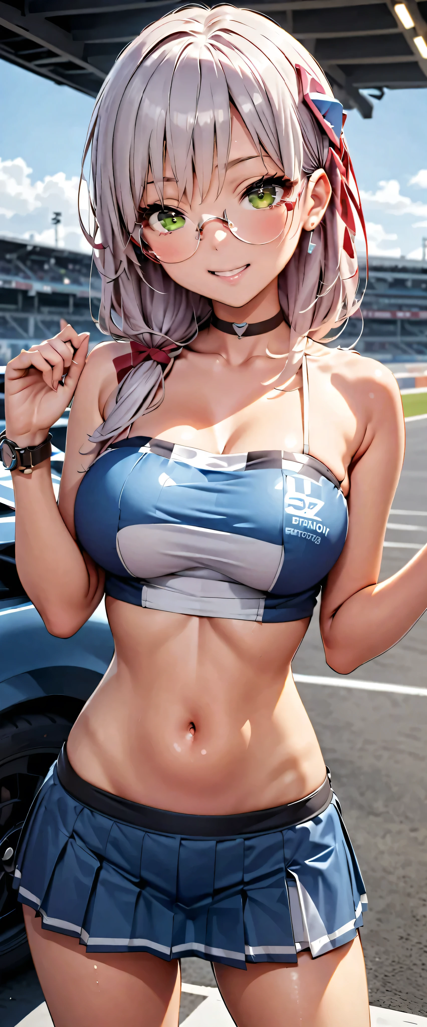  top quality,  ultra high definition,  One person,   little chest,  black chokers, smile,  exposes shoulders,  focus only ,  Audience ,Fair skin,Car racing track, photon mapping ,  PHYSICAL BASED RENDERING ,  RAW photos ,  very detailed background, K-pop Idol , depth of field, hair ornament, detailed face , glowing skin, game cg,whole body, shiny micro mini skirt,shiny micro tube top, race queen,Big Breasts, cute pose ,Sports Car,Hold a jacket in your hand ,Glasses