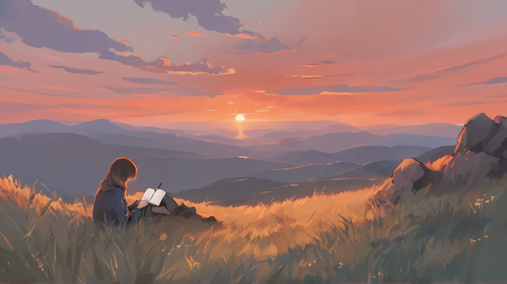 Detailed , colorful, blue sky The scene features a serene, melancholic sunset over a vast horizon, blending soft hues of orange, crimson, and indigo. A lone figure sits on a grassy hill, silhouetted against the fading light, holding a small notebook or sketchpad. The background includes distant mountains