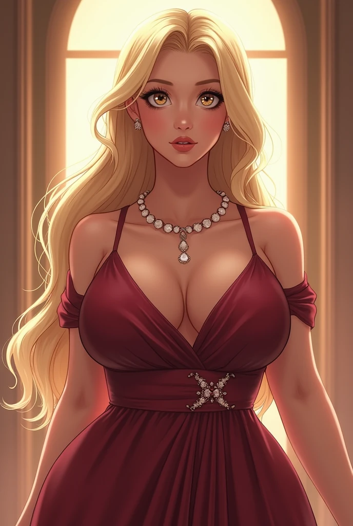 (work of art, best qualityer), Kizi, halfbody, long wavy hair, hair blonde, brown skin, eyes browns, lips, blush, breasts big, neckleace, redgown, bared shoulders (best qualityer, ultra detali, photorrealistic: 1.39), bright and vibrant colors, studio lighting, romantic expression, seducer
