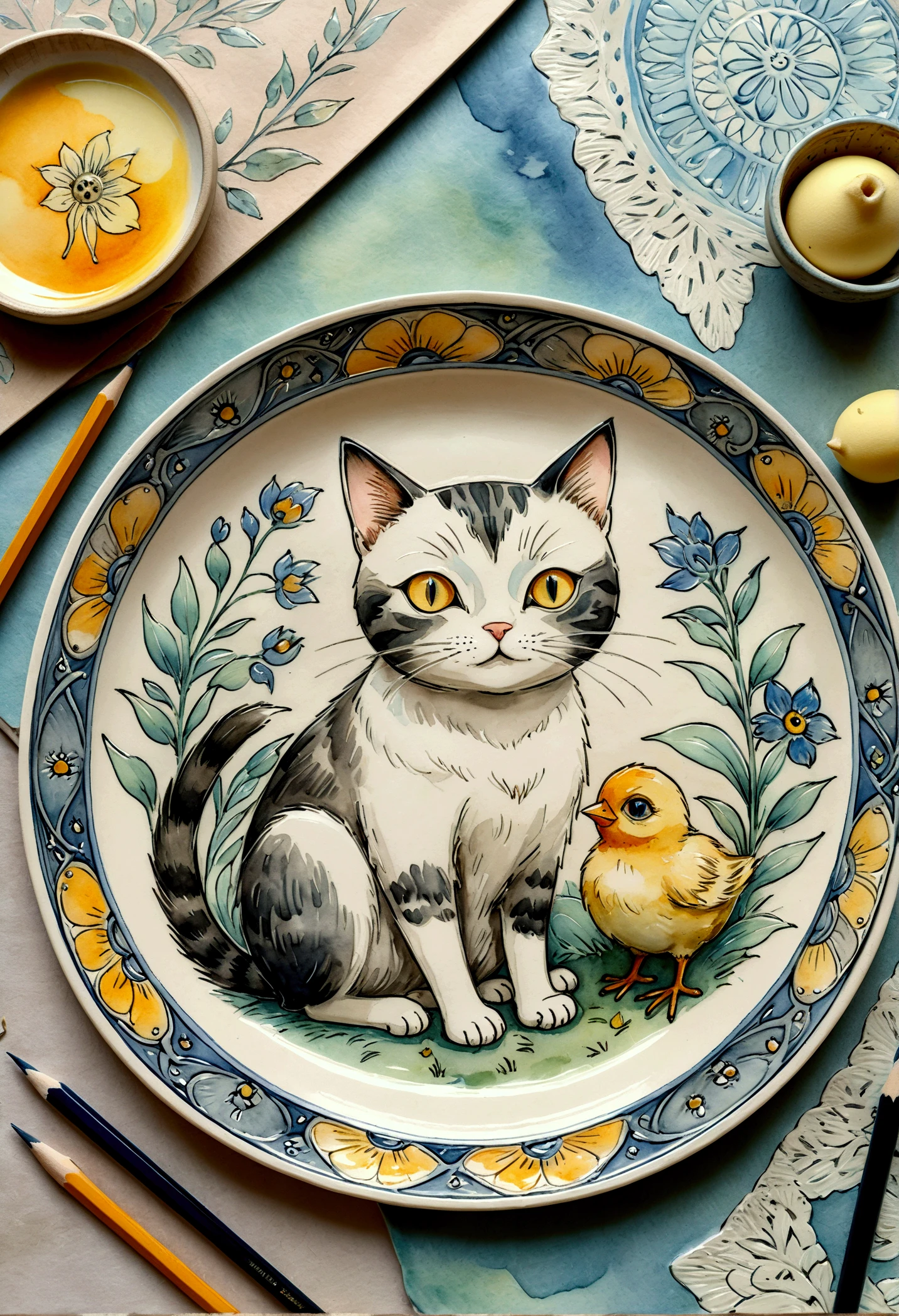  ceramic plate with cat pattern,  cat holds a chick ,  pencil sketch,  eyes are small and cunning ,  watercolor shading ,  style Russian lubok , sgraffito , Anime, plate in front of the interior
