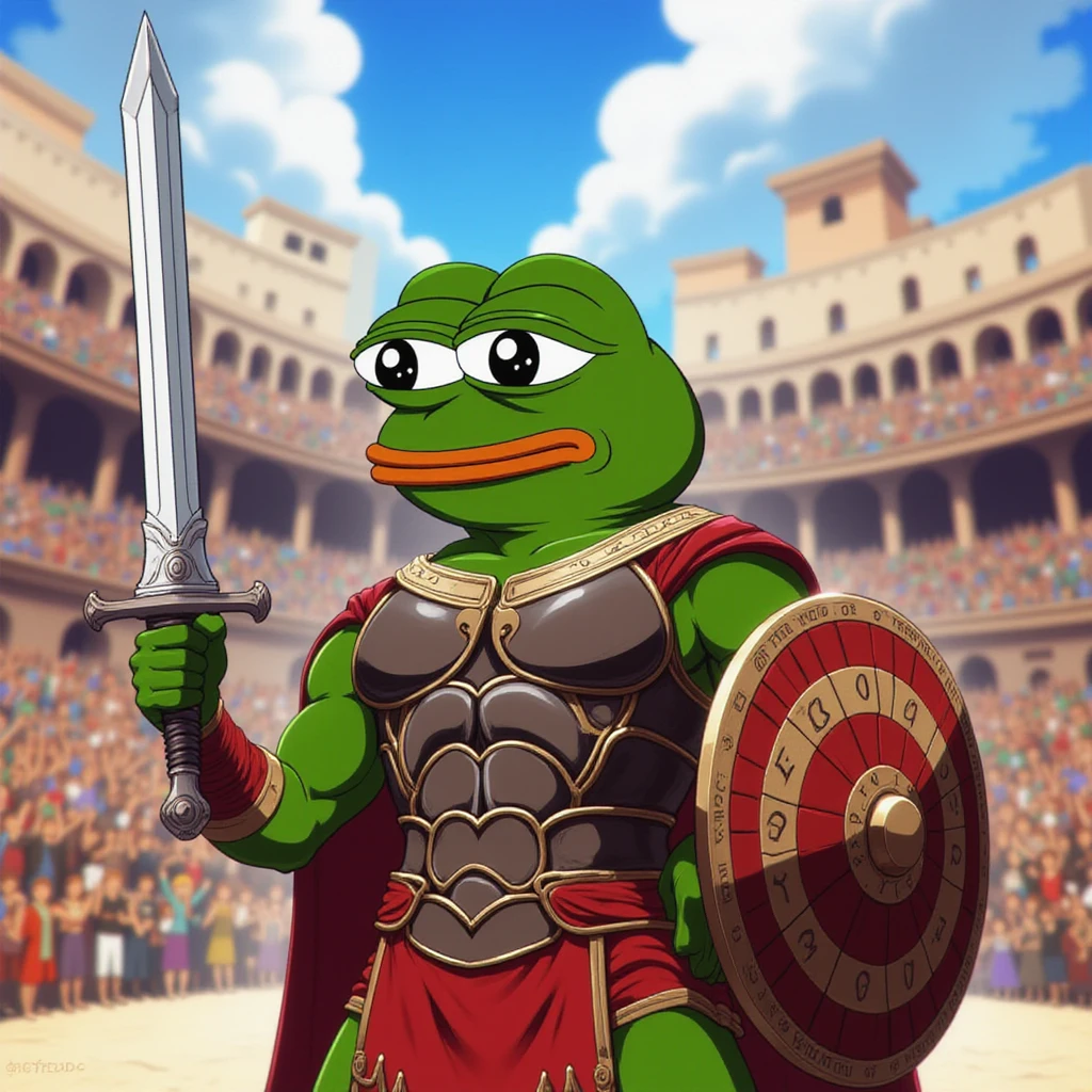 Close up of a funny anime-style meme image of Pepito Maximus, the brave frog gladiator. Imagine him standing proudly in an ancient Roman Colosseum, wearing traditional gladiator armor. He should have a determined and heroic expression on his face, with a sword in one hand and a shield in the other. The background should depict an epic battle scene with an audience cheering him on. Capture the essence of a humble yet mighty warrior ready to fight for the meme community that is good and righteous. Solo, Accurate, Award Winning, Super Detailed, UHD, Best Quality, Depth Of Field, 