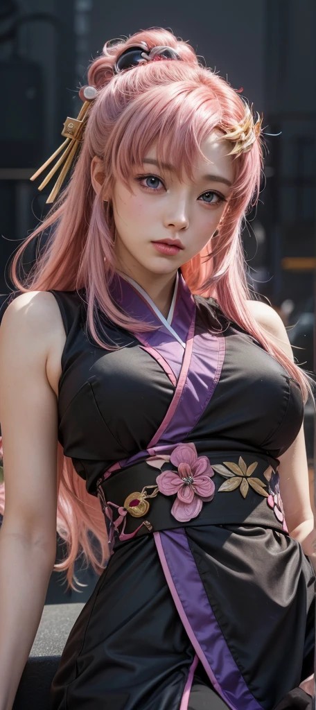 (masterpiece:1.4), (best quality:1.4), ultra high res, ultra high resolution, ((detailed facial features)), HDR, (realistic, photorealistic, photo-realistic:1.37), full body Esbian, sexy swedish model, (-anime), only 1 model, (vivid colors), ((vivid colors multicolor (fuchsia, pink, light purple) very short hair)), ((beautiful smile)), lip-gloss, long lashes, ultra detailed makeup, defined eyebrows, wearing large sparkling colorful jewelery, wearing a red silk Paradise Kiss cosplay dress with black floral embroidery, ((vivid colors outfit)), (vivid colors), look at the camera, cinematic light, large park background with trees, sweet and sexy pose