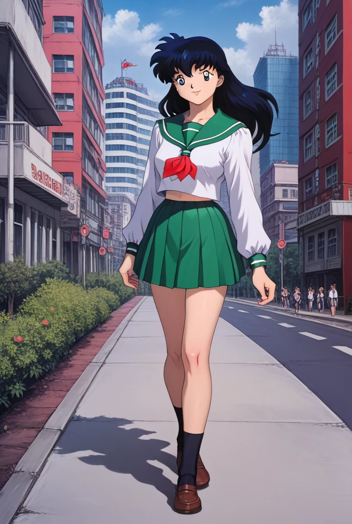 masterpiece, ( better quality), 1 girl, Kagome Higurashi,  full body,  photorealistic , ( hyperrealistic:1.2),  perfect eyes, Perfect face,  Perfect lighting, ojos marrones, senos grandes, outdoor , city,   school uniform,  falda verde, calcetines blancos, falda corta, happy, walking, smile, sonrojada, barriga, ombligo, serafuku, 