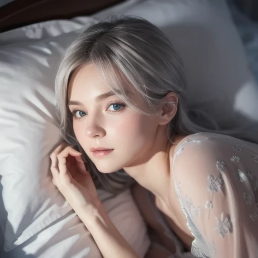 Masterpiece,  top quality ,  more details, 8k, Detailed light, Detailed Shadows, born, ( detailed skin), (Genuine: 1.2),, 1. Scandinavian Girl, face, (), Gray Hair, Sleep in a comfortable bed,  Nightdress