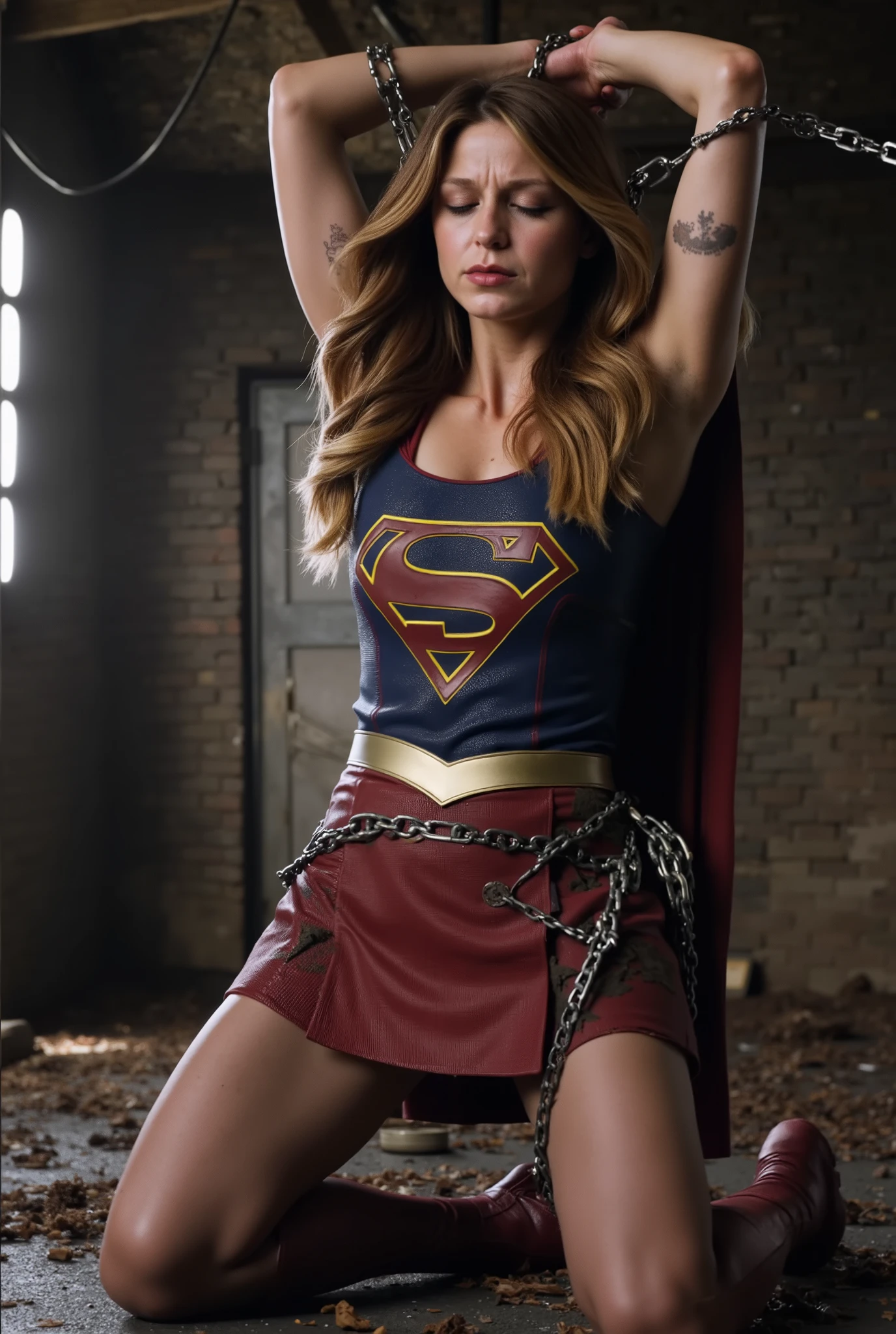 Melissa Benoist as Supergirl, the Supergirl is kneeling and her hands is hanging over her head, she is hanging her wrists to the ceiling with chain, she is unconscious, eyes close, She is wearing a Supergirl costume with red skirt, pantyhose and red knee height boots, her condition is tired, injury, tattered clothes, painful face, bright spotlight to her body, in the cave,