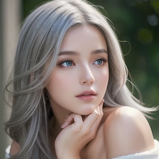  best quality , Masterpiece,   ultra high definition , ( photorealistic: 1.4),  RAW photos ,  1 GIRL,  off shoulder,  Cinematic Lighting, Kissing Pose, Heterochromia, Gray Hair, Gray Hair