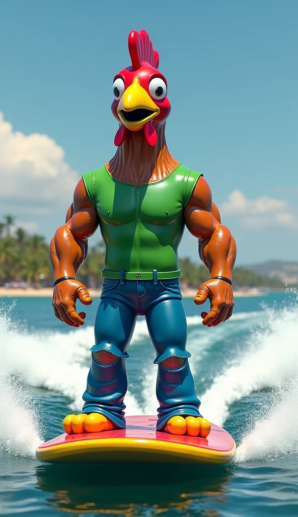 A muscular, chesty, shirtless goldfish on the beach holding a surfboard