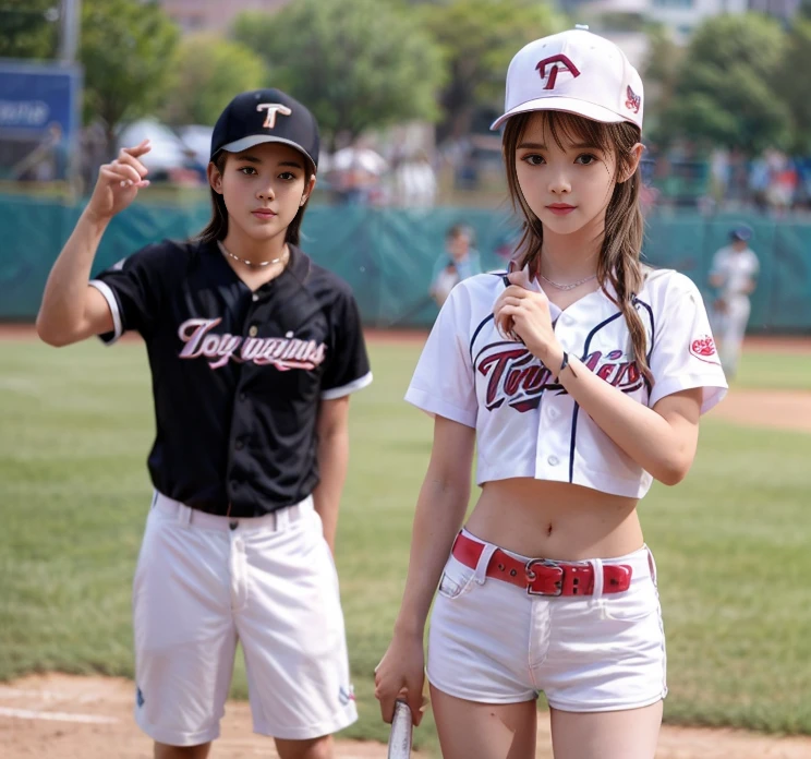 Masterpiece, (Emma Watson),  Standing on a baseball diamond, she is dressed as a cute little baseball player, behind her are several boys in baseball uniforms, she is standing in front of them, her lips are pink and glossy, she looks happy to see us, ((sides of waist pulled in impossibly tight)), ultra detailed, (long platinum blonde hair)), ultra realistic, full body shot, ((she looks like a tomboy)), slim body, narrow hips, small breasts, very detailed face, looks like they are happy, (cinematic lighting, bokeh), dramatic, award-winning photography, incredible masterpiece, 16K, ultra high res.photorealistic, UHD, RAW, DSLR