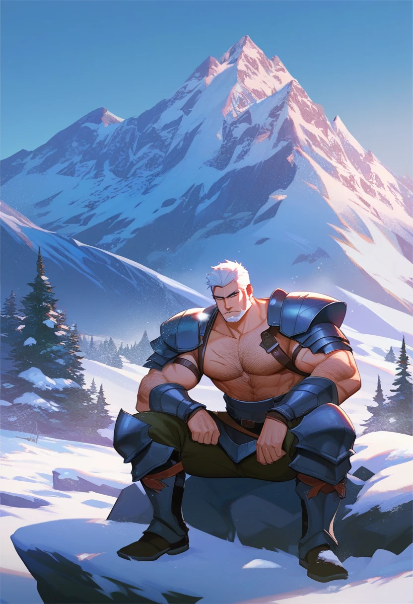 Mighty warrior, shirtless upper body, legs exposed from thighs to feet, cascading long curls, detailed muscular physique, lifelike depiction, 4K resolution. Background: Snow-covered mountain peak,32k uhd, best quality, masterpiece, super detail, high details