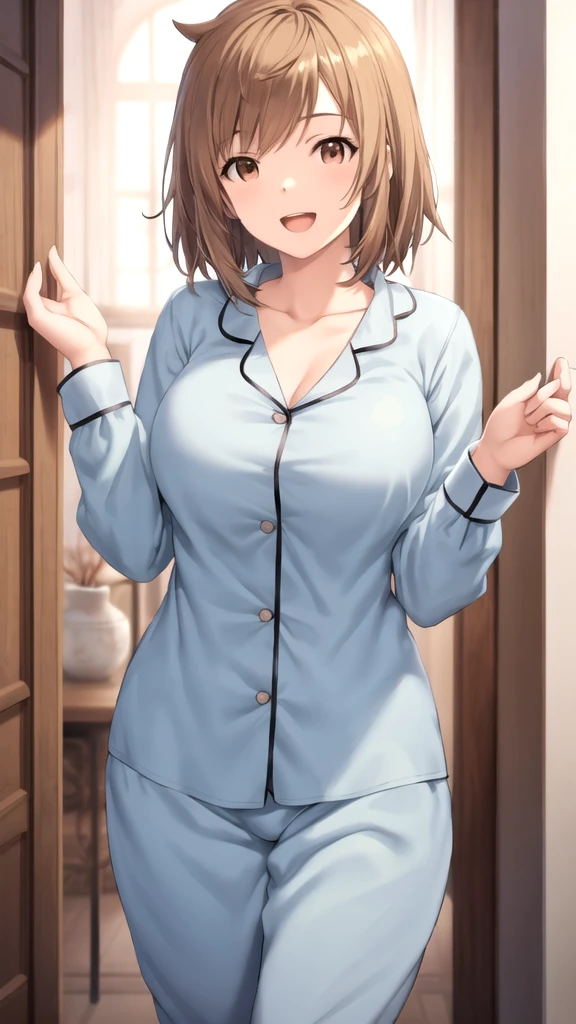 masterpiece, best quality, high quality, girl, solo, looking at viewer, gran, brown hair, brown eyes, large breasts, pajamas, standing, smile, open mouth 