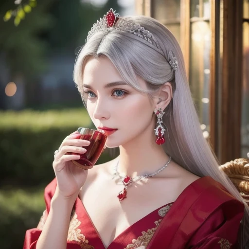  with white hair ,  gray eyes, Royalty,  red dress,  red jewelry ,  red earrings , Moon, noble, Lady,  High Quality ,  VERY DETAILED,  detailed face , Masterpiece, city, Drink tea , garden, flower, Light