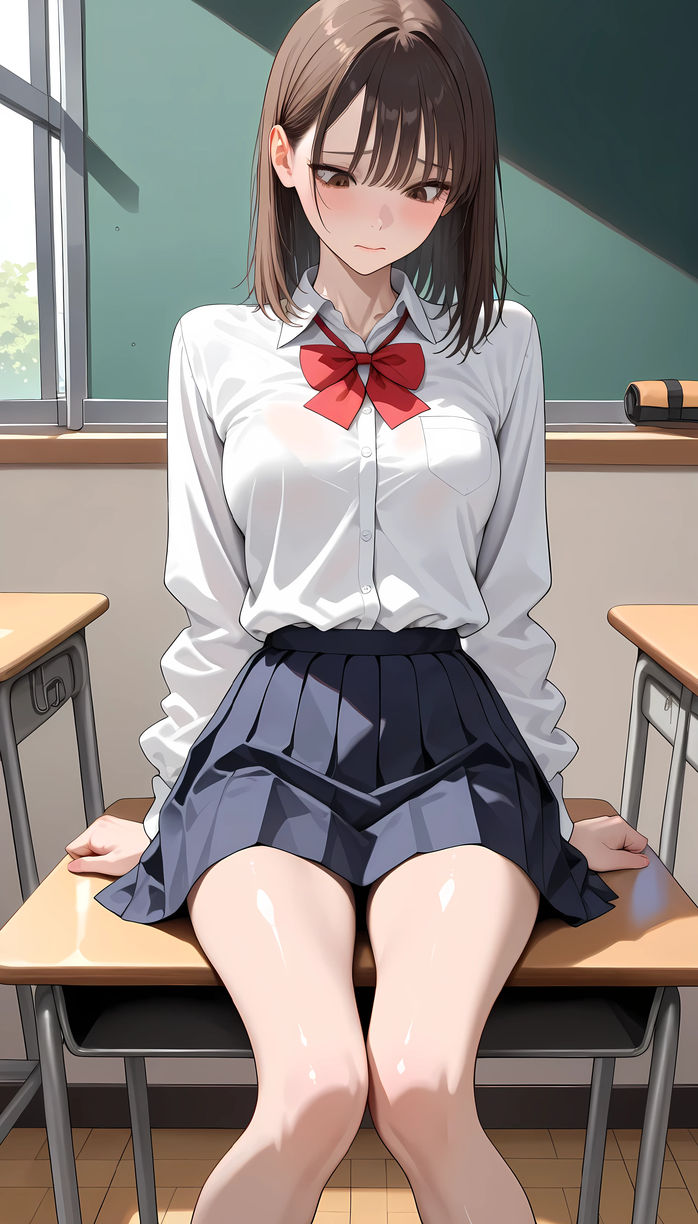 a pure and beautiful girl, with perfect look, body perfectly made, face eyes perfectly made, beautiful clothes , perfectly detailed, no mistake and a perfect effect, delicious look,sitting on the desk,detailed race pink panties showing,cute white blouse,in classroom,spreading her legs,focus panties,dynamic angle