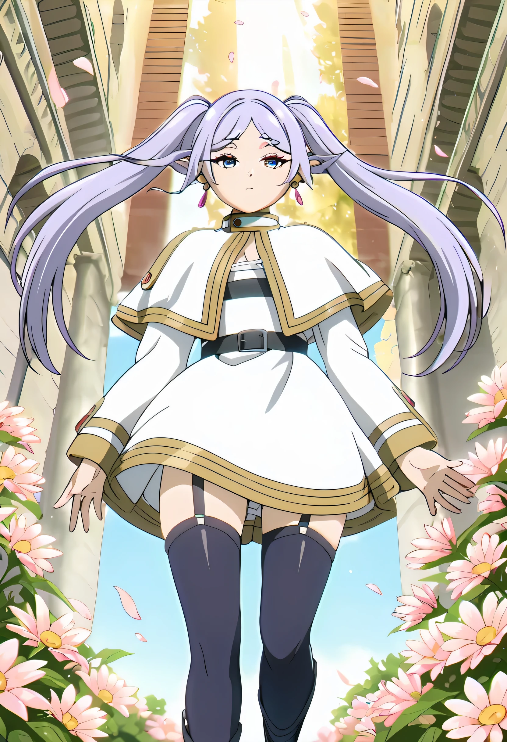 ,best quality,amazing quality,very aesthetic,absurdres,newest, huge filesize, That's ridiculous., anime coloring, animation,detailed wearing,detailed face,shiny wear,detailed skin,beautiful face,
perfect anatomy, slender limbs, delicate curves, dainty hands,
Freeze , 1 girl , light purple hair , Twin Tails, multicolor eye , earrings,
capelets, jacket, shirt , ((Lace-Up Stockings and Garter Set)),wind lift skirt,
belt, skirt ,looking at viewers,
petal,wind,null,Sunbeam,day,daylight,clouds,
