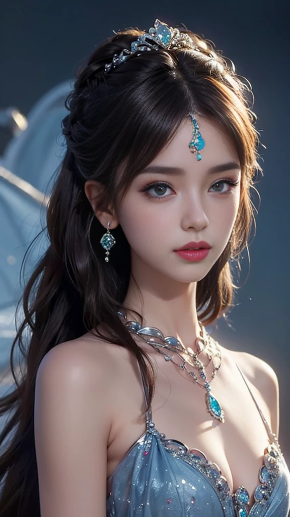 (Best Quality, High resolution, Realistic:1.37), Super detailed, Extremely fine resolution((A Goddess and a Man in Love)),,Have blue eyes、Woman with a gold crown on her head, Jan J, Portrait of a girl in the Knights of the Zodiac, Beautiful Celestial Magician, Mysterious Background