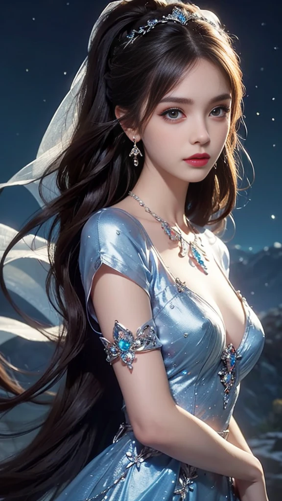 a close up of a woman with long hair and a butterfly in her hand, beautiful, detailed, beautiful girl, beautiful woman, beautiful artwork, smiling as a queen of fairies. She is the goddess of ice, create a backdrop in a very magnificent ice palace, dressed like an ice goddess who has very deadly ice magic, her eyes are very sharp But gentle, the goddess is very innocent, creates a very scary ice magic effect, very beautiful face, unmatched in the world. Complete whole body, without exception