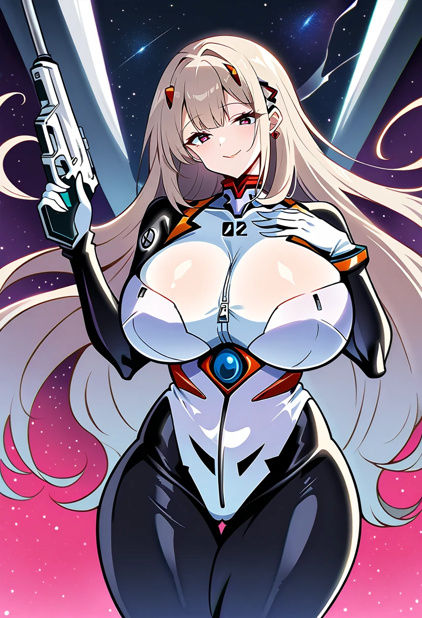 Masterpiece,  source_Anime,  best quality ,  perfect anatomical ,  Exact Anatomy,  sharp concentration, 4K,8k, Anime girl, 2D, 1 GIRL,  (Nod), Sci-Fi Girl,  LATEX BODYSUIT ,  EVANGELION NO  .  1 COSTUME BODYSUIT ,  PLATINUM BLONDE HAIR , white eyelashes,  long hair, smooth  long hair, bangs, hot  pink eyes,  earrings,  curvy body ,  very big breasts, huge breasts, huge breasts:2.3,   chest bigger than head  ,  plump breasts , Thick waist,  thighs,  Slim Waist , Clockwise body shape, white bodysuit,  pink bodysuit, black bodysuit,   3 COLOR BODYSUIT  ( pink,white,black), In space,  Space Background , floating, smile, Front View,  close,  upper body,   HOLDING A GUN WITH THE RIGHT HAND 