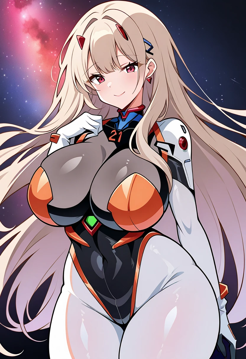 Masterpiece,  source_Anime,  best quality ,  perfect anatomical ,  Exact Anatomy,  sharp concentration, 4K,8k, Anime girl, 2D, 1 GIRL,  (Nod), sci-fi girl ,  LATEX BODYSUIT ,  EVANGELION NO  .  1 costume bodysuit ,  PLATINUM BLONDE HAIR , white eyelashes,  long hair, smooth  long hair, bangs, hot  pink eyes,  earrings,  curvy body ,  very big breasts, huge breasts, huge breasts:2.3,   chest bigger than head  ,  plump breasts , Thick waist,  thighs,  Slim Waist , Clockwise body shape, white bodysuit,  pink bodysuit, black bodysuit,   3 COLOR BODYSUIT  ( pink,white,black), In space,  Space Background , floating, smile, Front View,  close,  upper body,   HOLDING A GUN WITH THE RIGHT HAND 