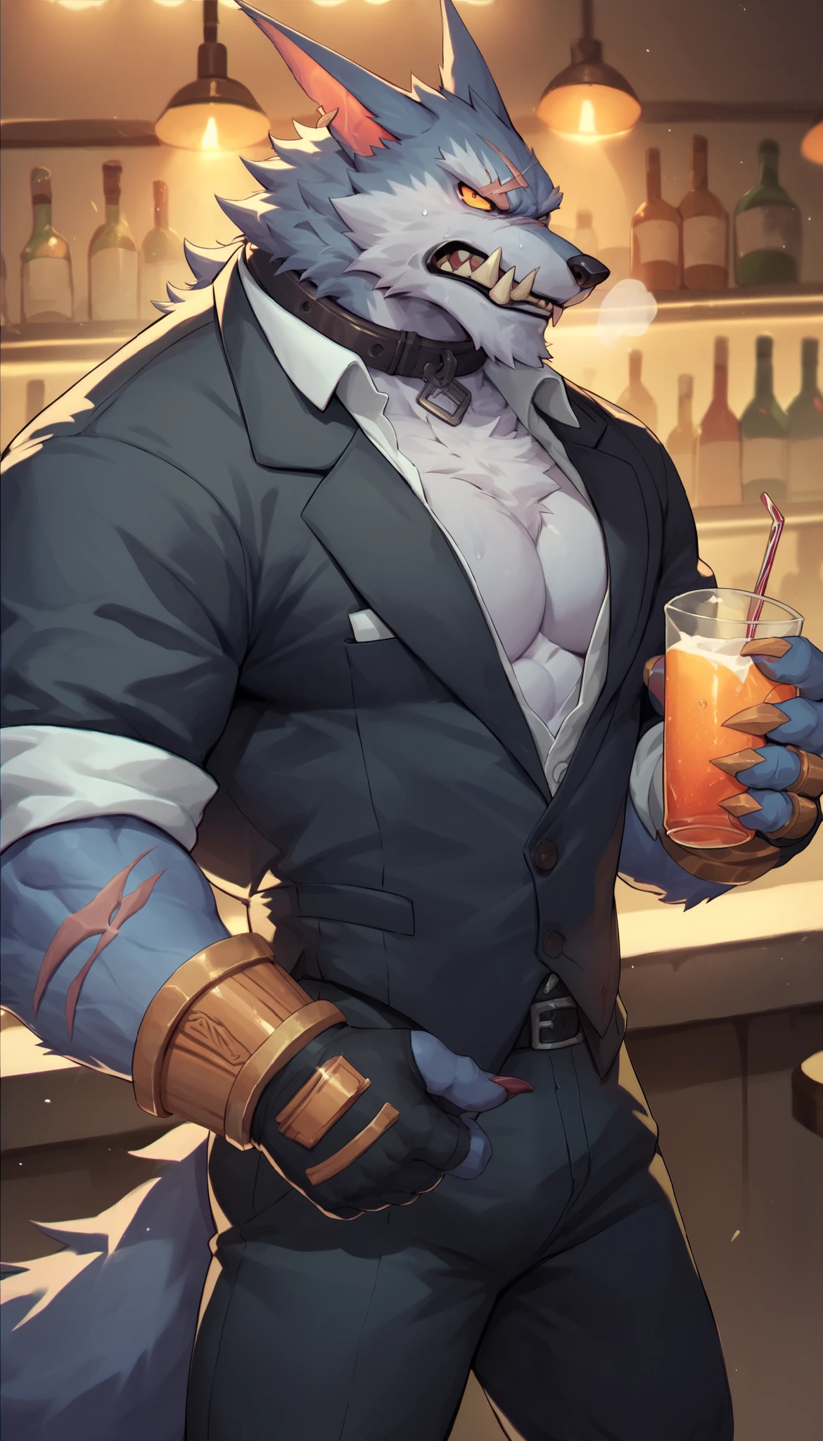 Furry Wolf,warwick_lol, very Big muscle body type, Standing up Wearing open Black Butler Suit with sleeves rolled up, Black Gloves, Collar, neon night bar, making a drink, Cold and serious, Scars,