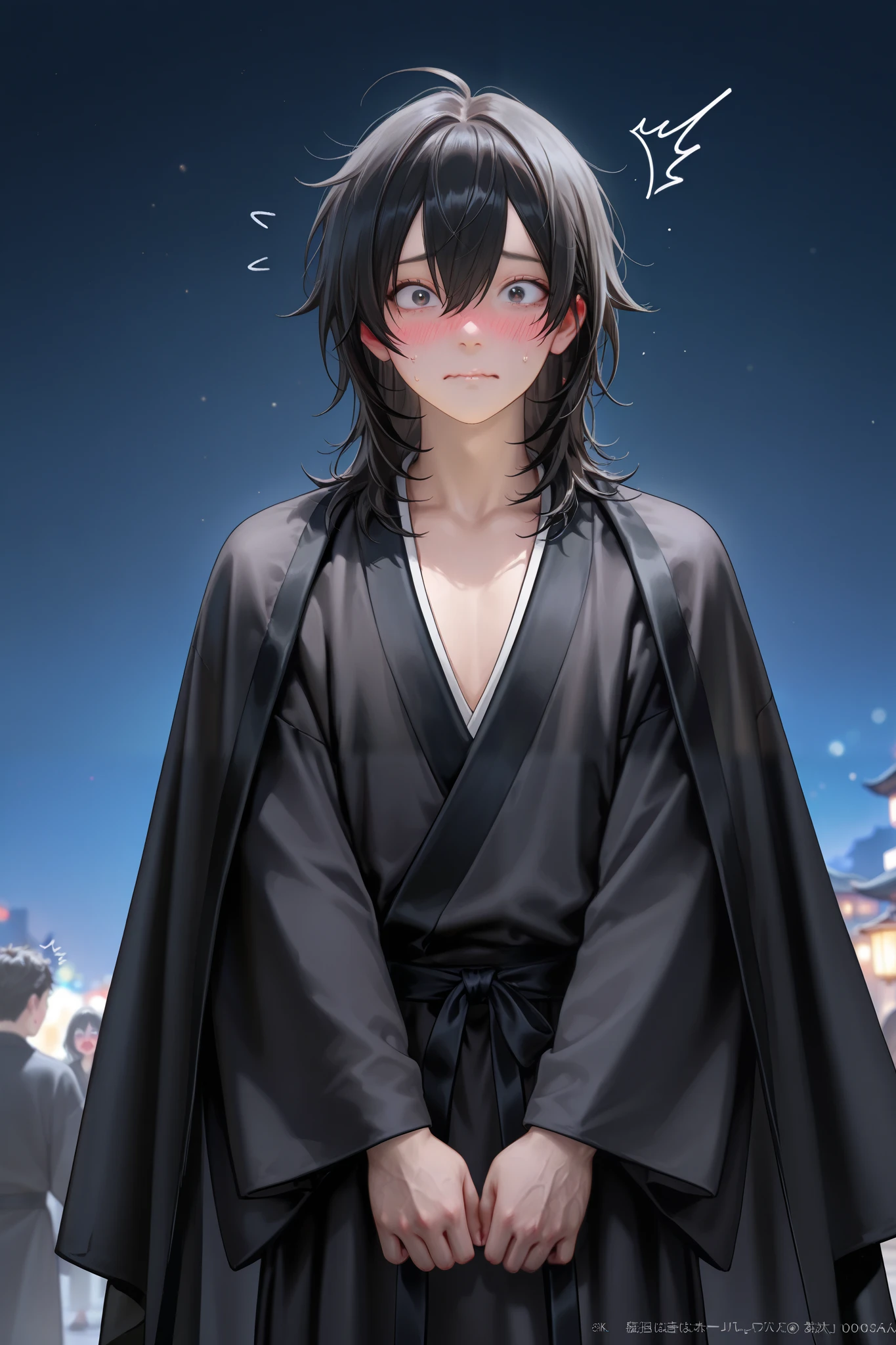masterpiece, best quality, Detailed Eyes, semi realistic, 8k, boy, black medium hair, black eye, cute, black hanfu suit, clumsy, naive, cutie face, 8k, black cape, embarrassed emotion, surprised face, nervous, night river background, solo charactor