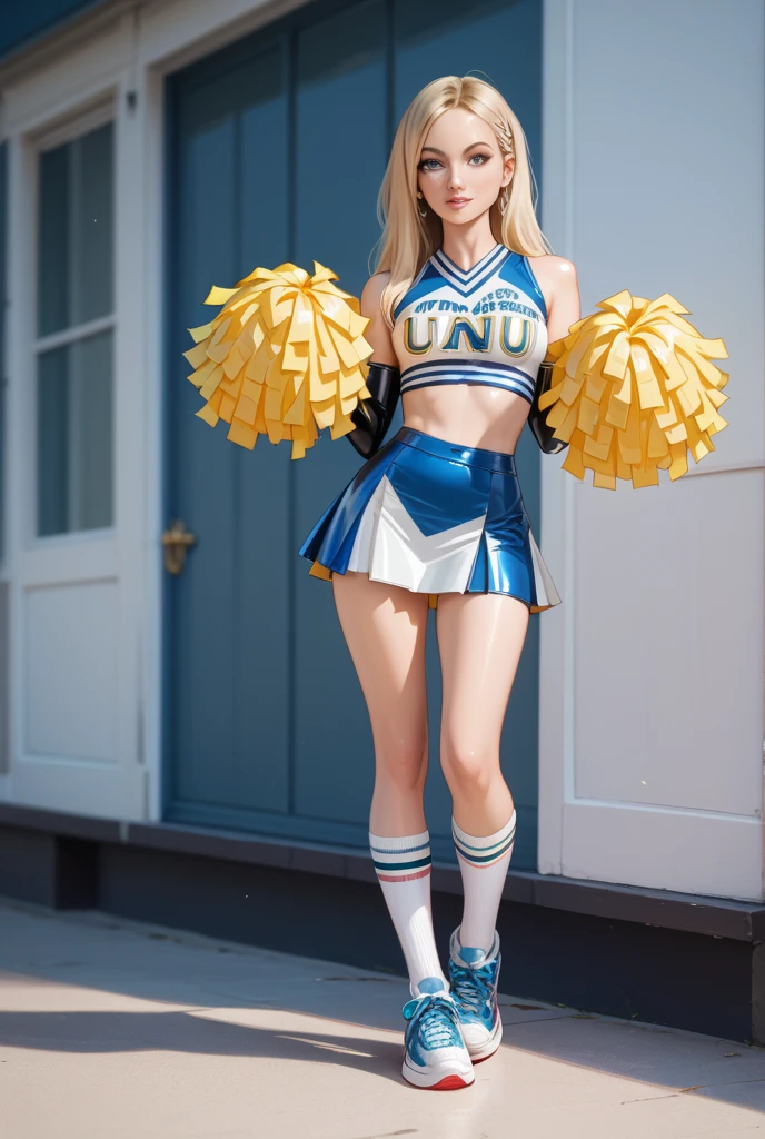 sexy big breasts、Sexy cute looks and cute 15 year old beautiful girl, Beautiful and sexy face、A strong wind blows my hair in front of my face、Beautiful long straight metallic blonde hair with cute and sexy eyes hidden behind long bangs、smile、whole body、sitting、open your legs、((cheerleader costume))、Navel exposed、mini skirt、