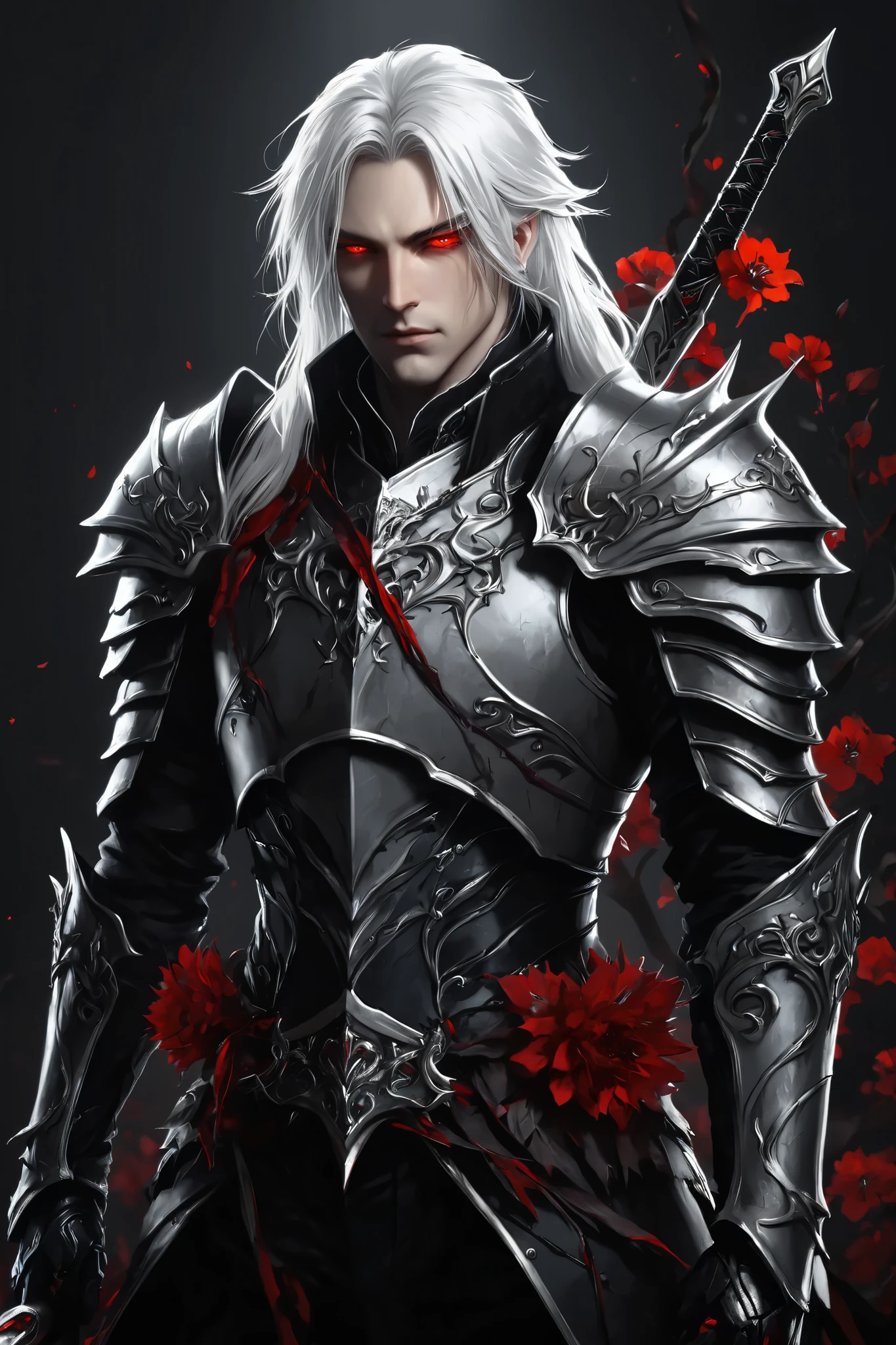 portrait (concept art:1.3) of a vampire knight with long (messy white hair), front view, {style of Sylvain Sarrailh}, (game art), illustration, (pale gray skin:1.3), glowing red eyes, ribcage visible through tattered dark fabric, wearing blackened plate armor, holding a sword with a glowing light red blade, surrounded by stylized black and red flowering vines and thorny branches, (dramatic rim lighting:1.3), armor details, detailed hair shadow, (dark fantasy art), cinematic, high-resolution image