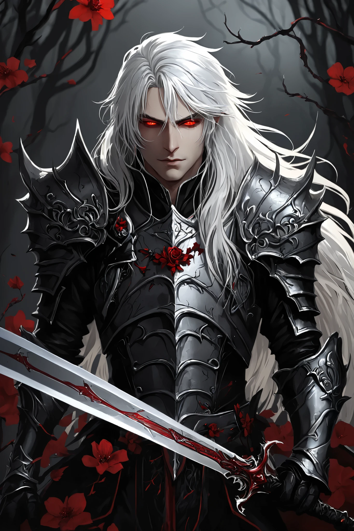 portrait (concept art:1.3) of a vampire knight with long (messy white hair), front view, {style of Sylvain Sarrailh}, (game art), illustration, (pale gray skin:1.3), glowing red eyes, ribcage visible through tattered dark fabric, wearing blackened plate armor, holding a sword with a glowing light red blade, surrounded by stylized black and red flowering vines and thorny branches, (dramatic rim lighting:1.3), armor details, detailed hair shadow, (dark fantasy art), cinematic, high-resolution image