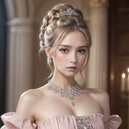 woman, Serious,  elegant ,   Pink Dress , Aristocratic, silver element, Long nails,  bare shoulders,  hairstyles at their best, hair up,  braids and ponytails, Messy, arrogant, absurdes,  detailed dress , Royalty, celebration,  flower-adorned hall ,  Cowboy Shooting ,  portrait, ( best quality ), (Masterpiece), ( VERY DETAILED), (4K)