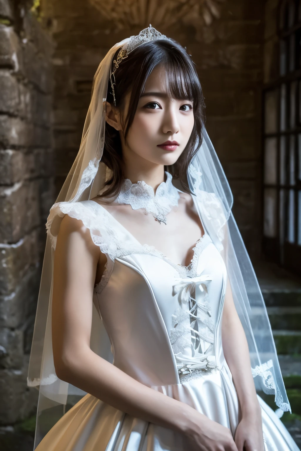 1 girl, ( wearing a gothic wedding dress :1.2), (Veil), Portrait of a very beautiful Japanese idol standing in an old Scottish castle,
( RAW photos, best quality ), ( realistic, realistic:1.4), (masterpiece),
so delicate and beautiful, VERY DETAILED, 2k wallpaper, amazing, finely, VERY DETAILED CG Unity 8K wallpaper, VERY DETAILED, High Resolution , Soft light,
girl with beautiful details wearing a navy blue blouse, VERY DETAILED目と顔, beautiful and sophisticated nose , beautiful beautiful eyes under the sun, movie lighting,
(Standing in an old Scottish castle:1.3), ( overcast, monotone dark screen standing in an old Scottish castle :1.3), (Thick Fog),
(Short hair), Perfect Anatomy, slender body, ( small breasts), whole body