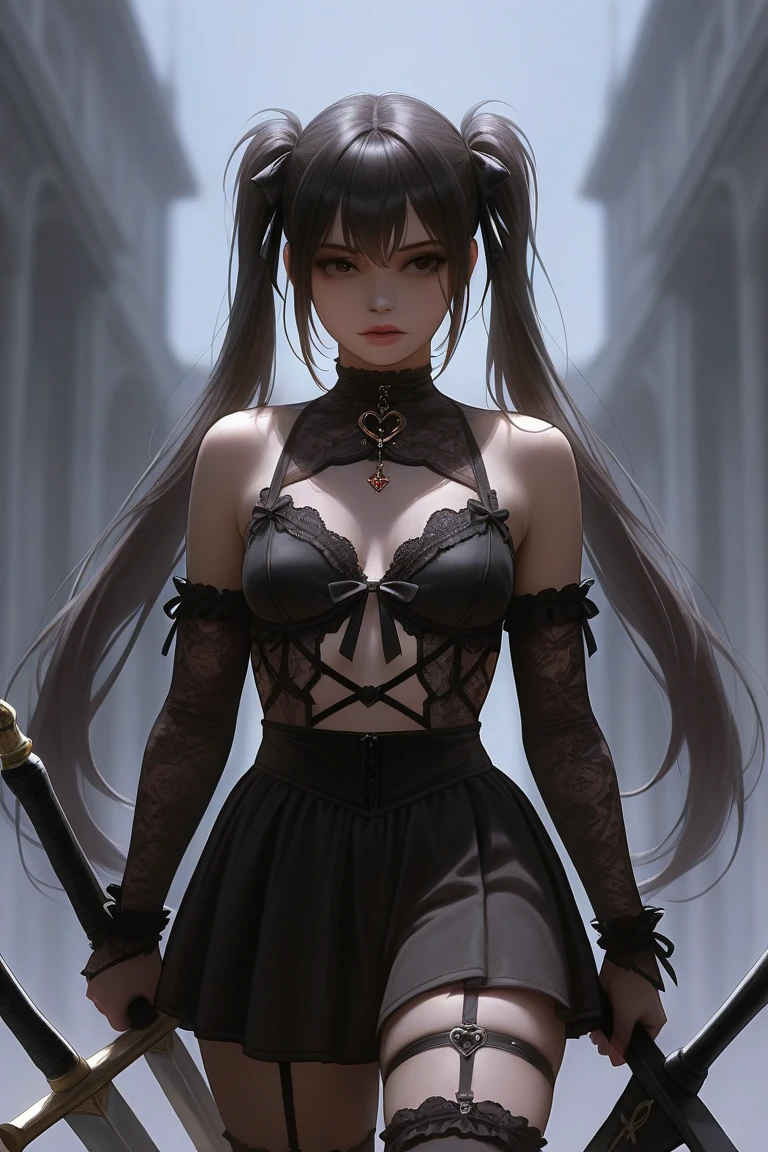 (a girl with) Aura-like gothic lighting, realistic Gothic-style artwork, detailed skeleton impaling itself with a sword in the neck, dark atmospheric background, high-res masterpiece:1.2, ultra-fine painting, professional, vivid colors
