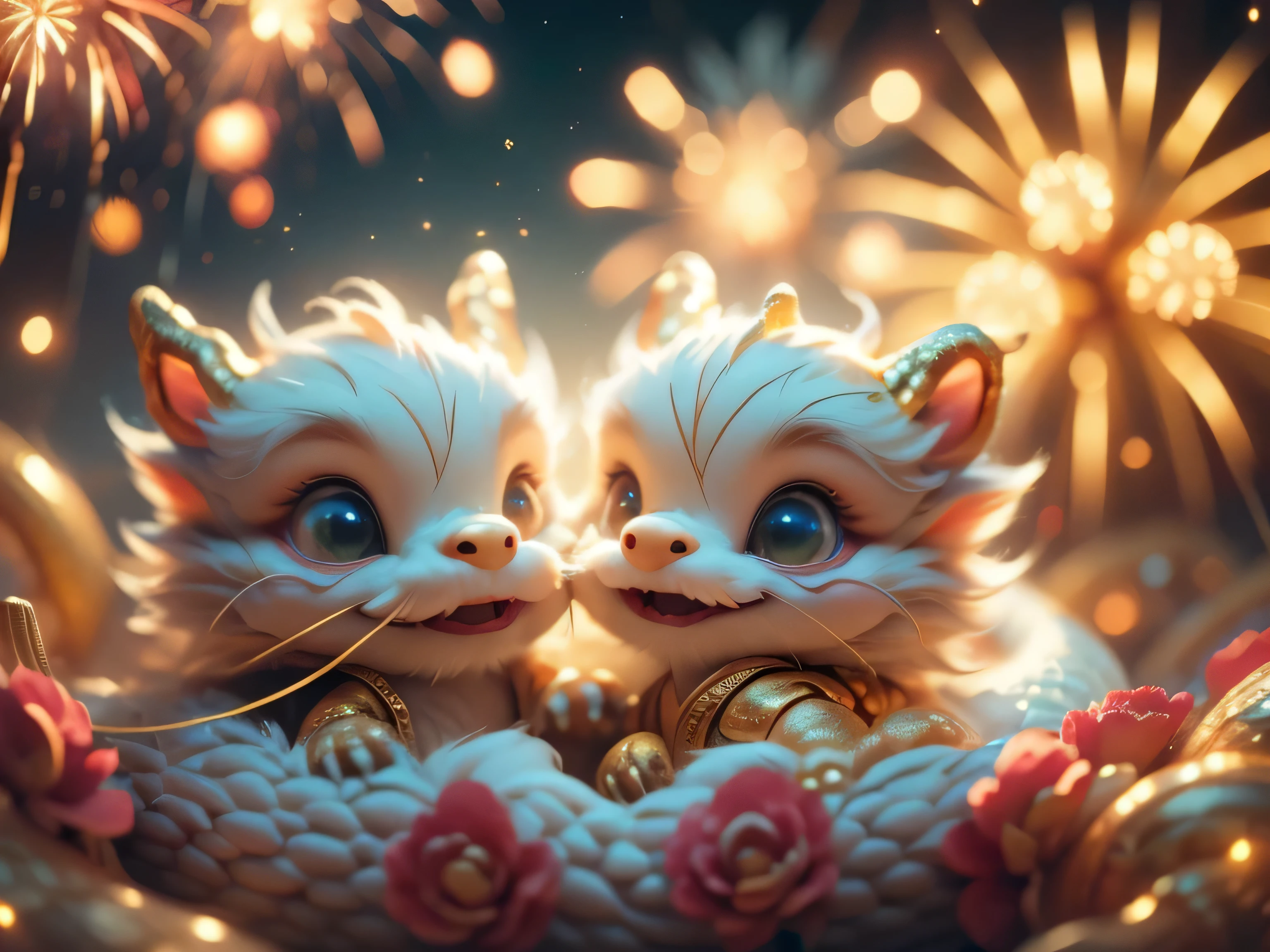 Magical Fantasy Creature, (Best Quality, Masterpiece, Representative Work, Official Art, Professional, Super Detailed, 8k:1.3), (Photorealism:1.2) Hyperrealistic fantasy art. Medium shot. Highly textured, hyperrealistic 3D render, Super Cute, A very cute champagne glass filled with bubbles of the sparkling drink. The glass with a smiling face and big, friendly eyes looks up at the bright fireworks. Next to the glass, there is a small snake with bright scales, which also admires the spectacle. The snake looks playful and joyful, creating an atmosphere of fun. The work should be done in the style of a cartoon illustration, with bright and saturated colors. Use lively shades of yellow and gold for the glass, as well as a variety of rainbow colors for the fireworks. Do not forget to add glitter and glow to emphasize the festive atmosphere. Create a feeling of joy and fun, conveying an atmosphere of celebration and magic. The glass and snake should radiate happiness and enthusiasm, so that the viewer can feel positive emotions and a desire to celebrate with them. Place the scene against the background of the night sky filled with fireworks that sparkle and scatter into thousands of bright lights. Add some light clouds to create volume and depth in the image and to subtly emphasize the festive mood. Soft focus with a soft volumetric glow. Detailed fur texture, creature design by Ian McCue. Almost three-dimensional details reminiscent of the surreal, dreamlike worlds of Mark Ryden, Ashley Wood and James Jean. Warm color palette with deep shadows. Super glossy effect. Best quality. Masterpiece. Representative work. Official art. Professional. Super detailed. 8k resolution. Photorealistic. Cinematic. Atmospheric. Dark. Intricate details. HDR. Beautifully shot. Hyperrealistic. Crisp focus. Perfect composition. High contrast. ArtStation. Intricate Detail, HDR, Beautifully Shot, Hyper-Realistic, Crisp Focus, 64MP, Perfect Composition, High Contrast, Cinematic, Atmospheric, Dark
