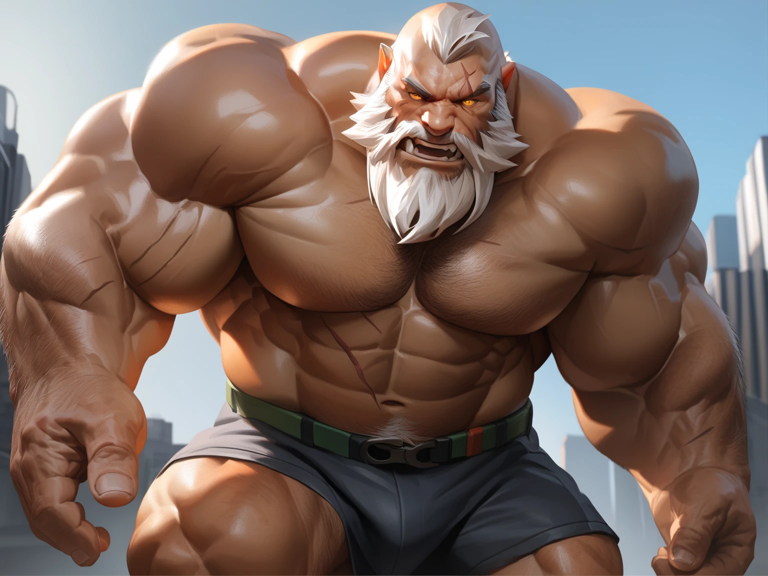 full shots, ground level camera shot, (best quality,4k,8k,highres,masterpiece:1.2),ultra-detailed,(realistic,photorealistic,photo-realistic:1.37),((massive muscular)) ((huge Muscular)) old man standing in photo studio, simple background, shorts , white hair, super thick arms, super big pectoral, super wide pectoral, topless, shirtless.