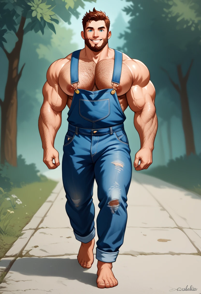 Paul Bunyan as a strapping 18 year old lad, brawny and muscular, with a full beard and lots of curly chest hair, reddish brown hair, wearing blue denin overalls that are too short in the leg and with only one strap, shirtless, barefoot, blue eyes, boyish charm despite his physical development as a young man, hairy legs, big pecs, big hairy muscular chest, big biceps, very hairy chest, chest hair:1.4, walking in the woods with his blue ox calf on a lead, smiling, happy to be outdoors, unashamed of his simple clothes and his half naked manly body, genuine masculinity, virility, masterpiece, authentic looking, 