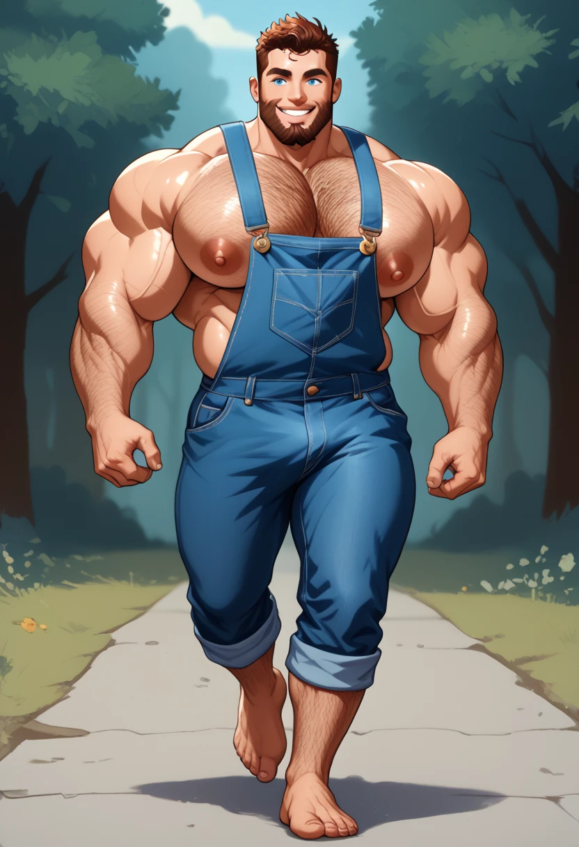 Paul Bunyan as a strapping 18 year old lad, brawny and muscular, with a full beard and lots of curly chest hair, reddish brown hair, wearing blue denin overalls that are too short in the leg and with only one strap, shirtless, barefoot, blue eyes, boyish charm despite his physical development as a young man, hairy legs, big pecs, big hairy muscular chest, big biceps, very hairy chest, chest hair:1.4, walking in the woods with his blue ox calf on a lead, smiling, happy to be outdoors, unashamed of his simple clothes and his half naked manly body, genuine masculinity, virility, masterpiece, authentic looking, 